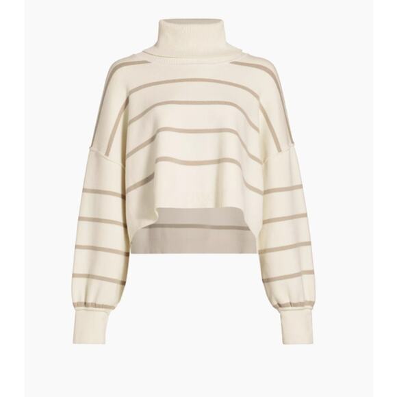 Free People Paulie Cropped Turtleneck Sweater Cream Beige Stripe  Women's Large - Picture 3 of 14
